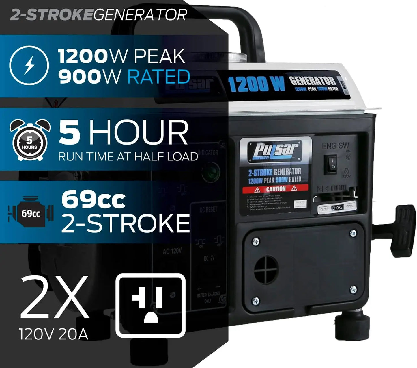1200W Portable Gas Generator, 2-Stroke Engine with Recoil Start, Compact Design for Camping & Outdoor Use