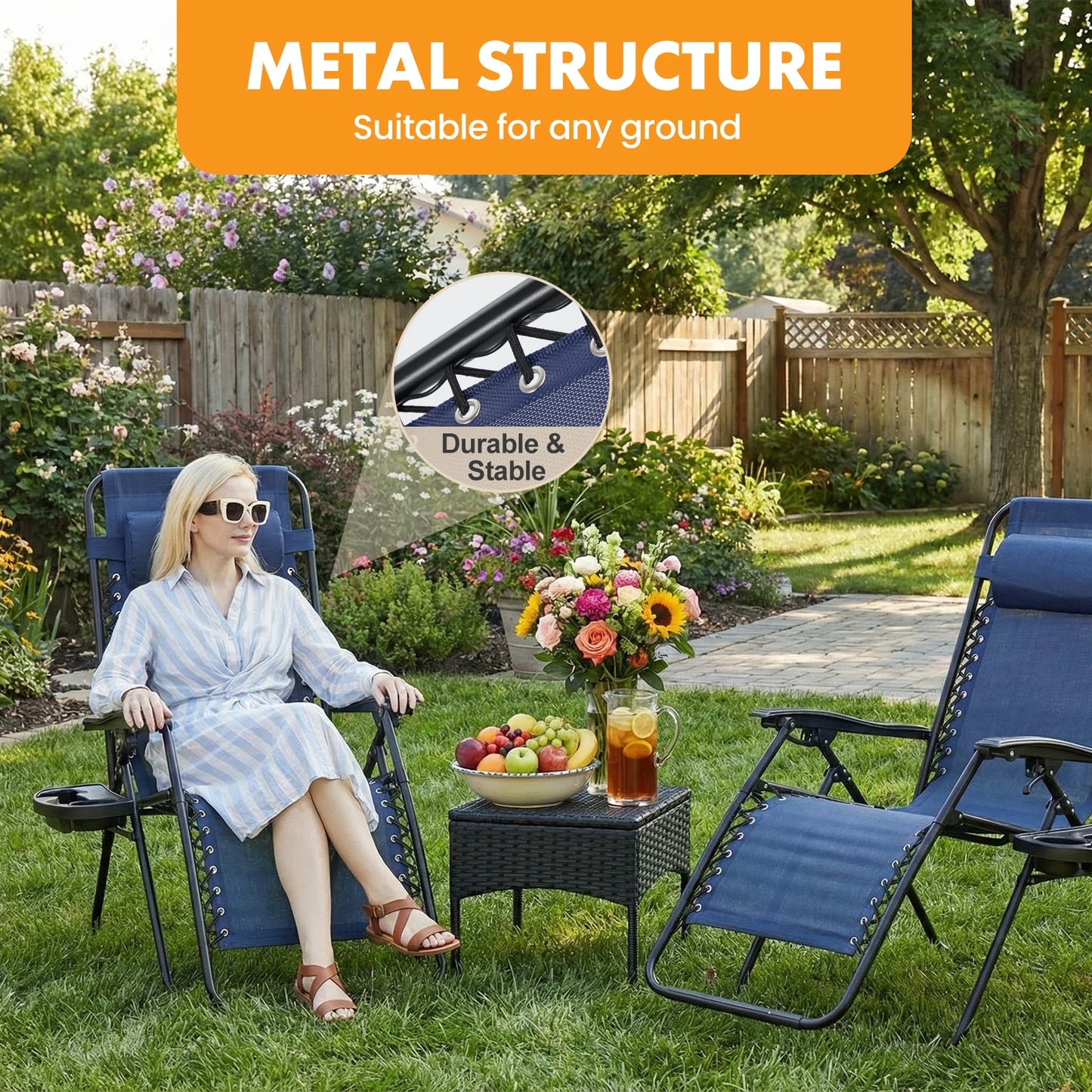 MCQ Outdoor Zero Gravity Chairs Set of 2 Folding Recliner Beach Camping Patio Lounge Chair with Cup Holder and Adjustable Pillow