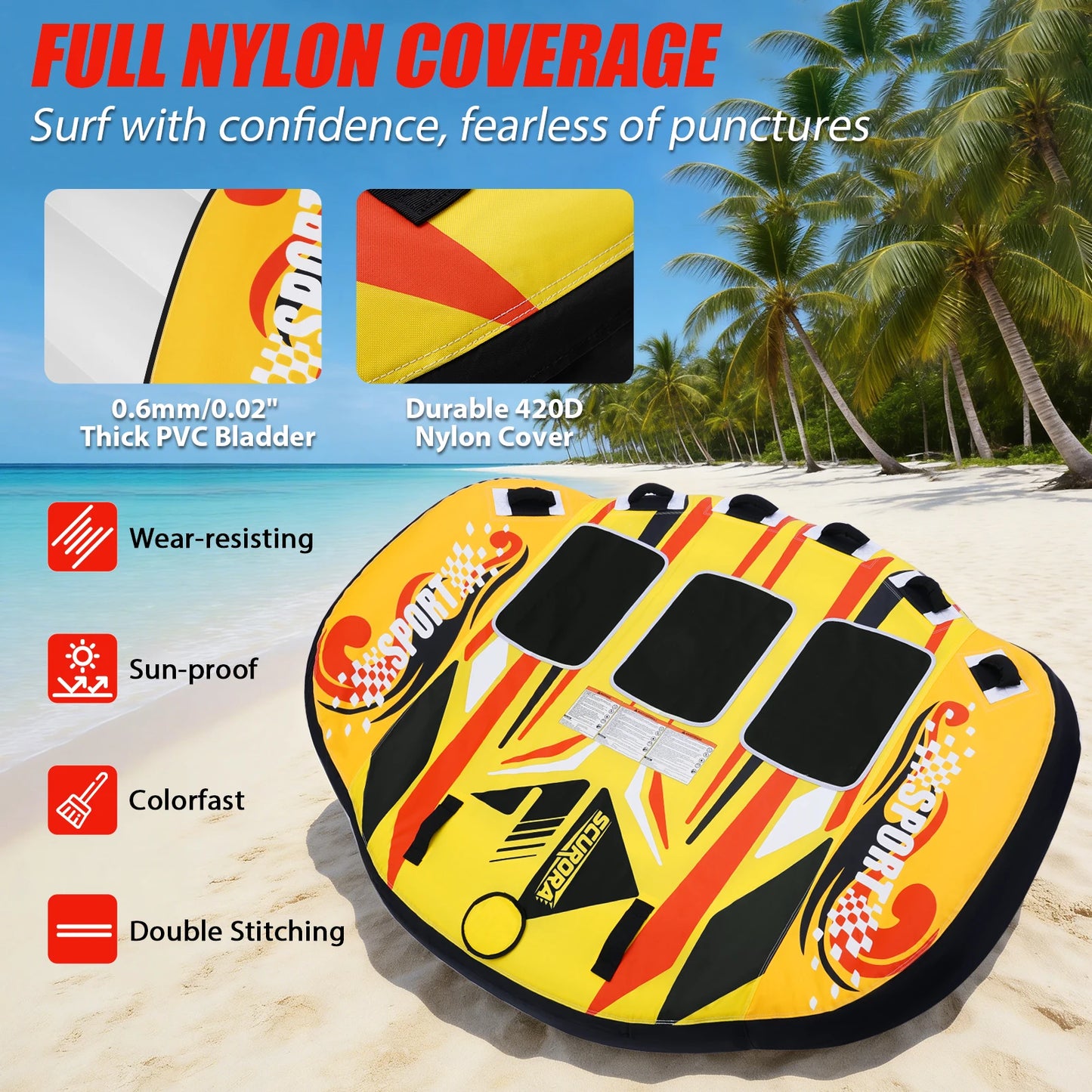 3 Person Towable Tube for Boating, Heavy Duty 840D Nylon Cover Pull Tube with Tow Points, Inflatable Water Tube for Lake River Water Sports Fun