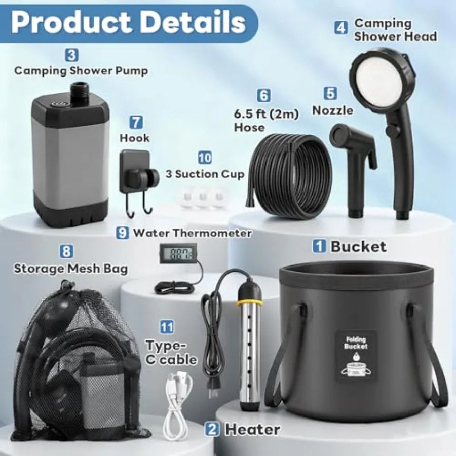 Portable Shower with Heater 6000mAh Rechargeable Camping Shower with LED Display, 3 Spray Modes, IPX7 Waterproof Shower Pump Fo