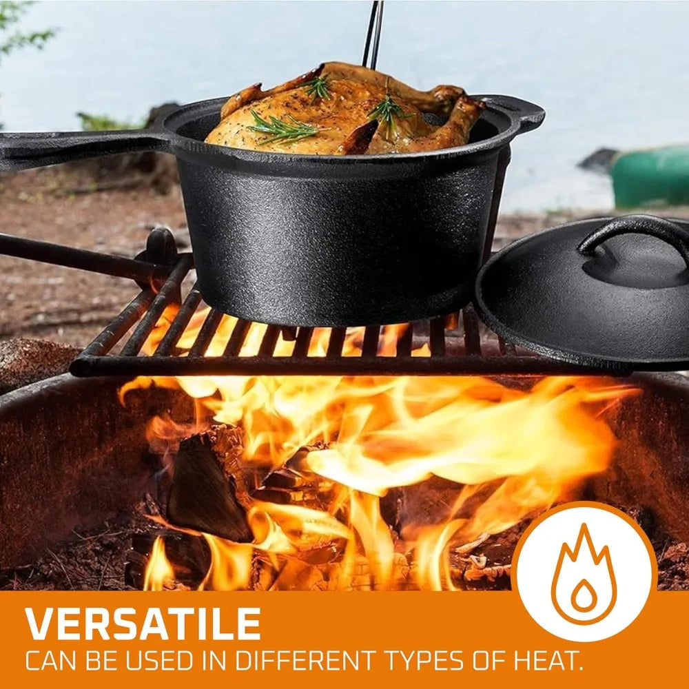Camping Cook Set of 7 Pre-Seasoned Cast Iron Pots Pans Dutch Oven with Lids Outdoor Campfire Grill Skillet Set with Storage Box