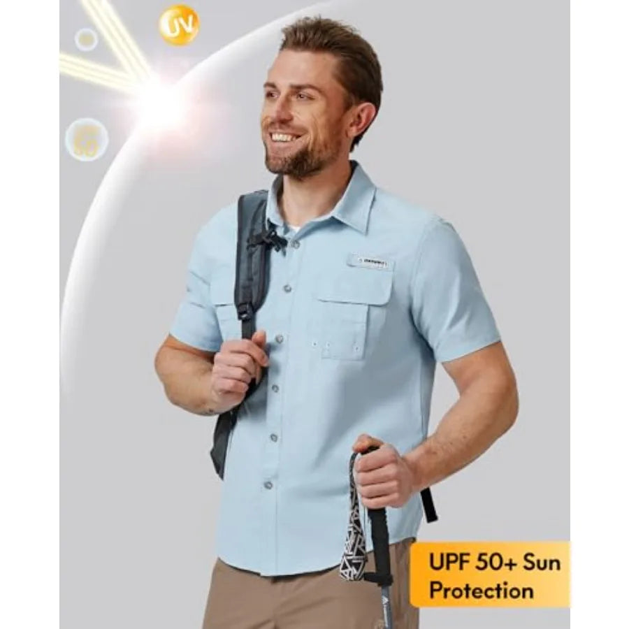 Haimont Men's Fishing Shirts Sun Protection Button Down Hiking Travel Camping Shirt Short Sleeve UV UPF50+ Top