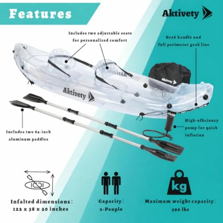 Clear Kayak for Two Adults - Transparent Inflatable Tandem with Adjustable Seats, Pump, Paddles, Carry Bag Tracking Fin - See-T