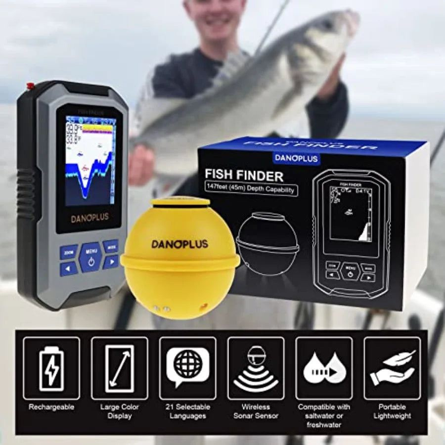 Portable fish finder for boats with large HD display, wireless castable design, 147 ft depth detection, rechargeable battery, d