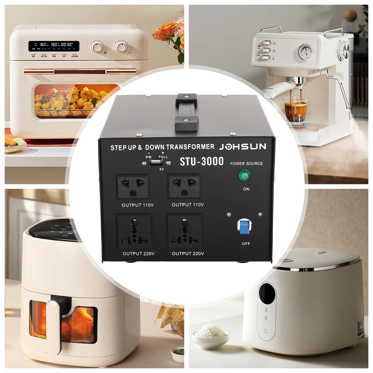 Voltage Converter Transformer 3000VA 2400W Step Up Down 110V 220V with 4 Outlets 2 Universal 2 US for Coffee Maker Rice Cooker Fridge Black EU Plug