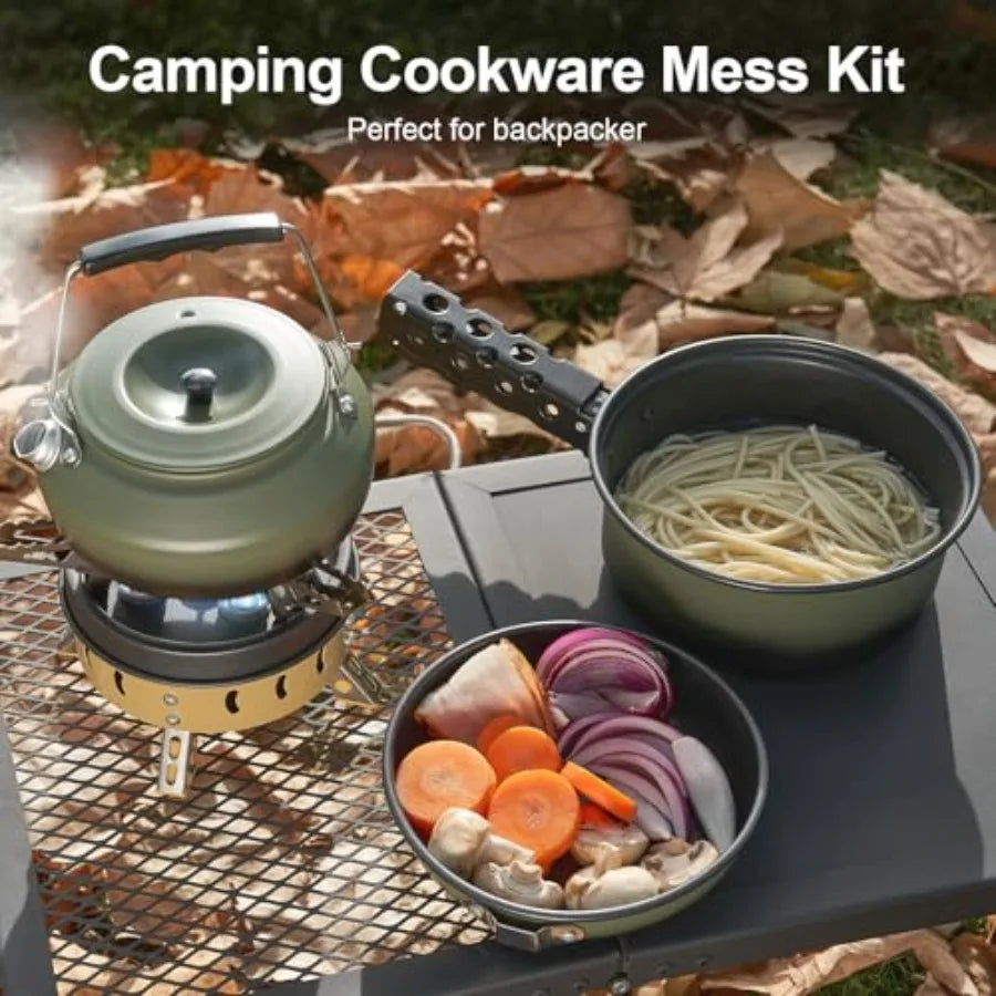 5pcs Camping Cookware Non-Stick Camping Pot and Pan Set with Kettle and Removable Handle for Hiking Backpacking and Picnic