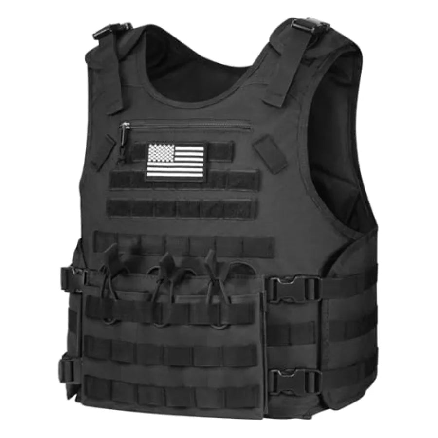 Outdoor Vest with Zipper Bag Adjustable Quick Release Molle Vest with Three Removable Mag Pouches Outdoor Vest Black
