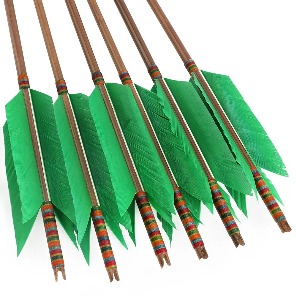 Turkey Feather Bamboo Arrows 6/12pcs 33.4" OD 8mm Slotted Nock Precision Balanced Shaft for Traditional Compound Recurve Bow Hunting Shooting Practice Archery Accessories