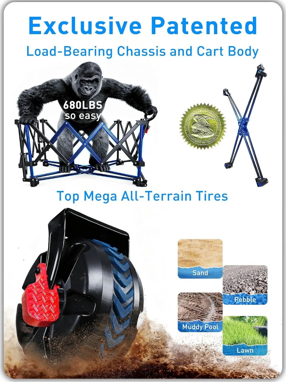 680lbs Super Cart & Table 1=5 Set, 480L Capacity, 54" Extra Long Folding Wagon, Heavy Duty with Brakes, All-Terrain Wheels for Camping, Shopping