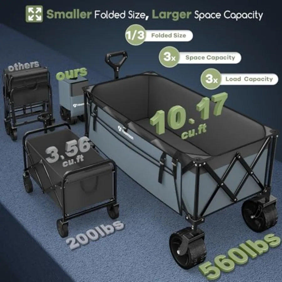 300L Extra Large Foldable Beach Wagon 560LBS Heavy-Duty Collapsible Utility Cart with 48 Length Big All-Terrain Wheels for Camp