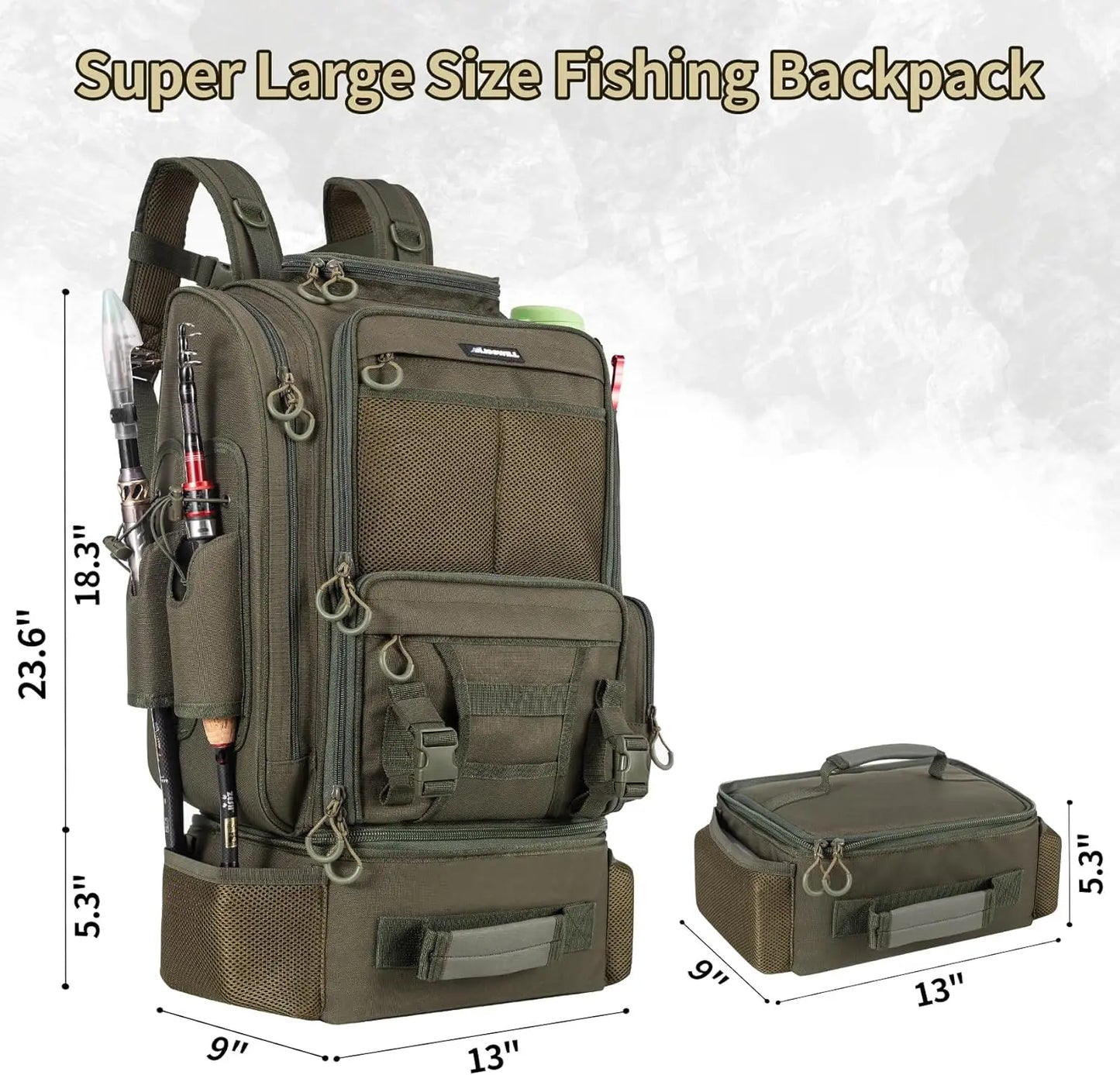 Large Fishing Backpack with Cooler, Rod Holders for 3 Tackle Boxes - Waterproof Outdoor Bag for Camping Hiking