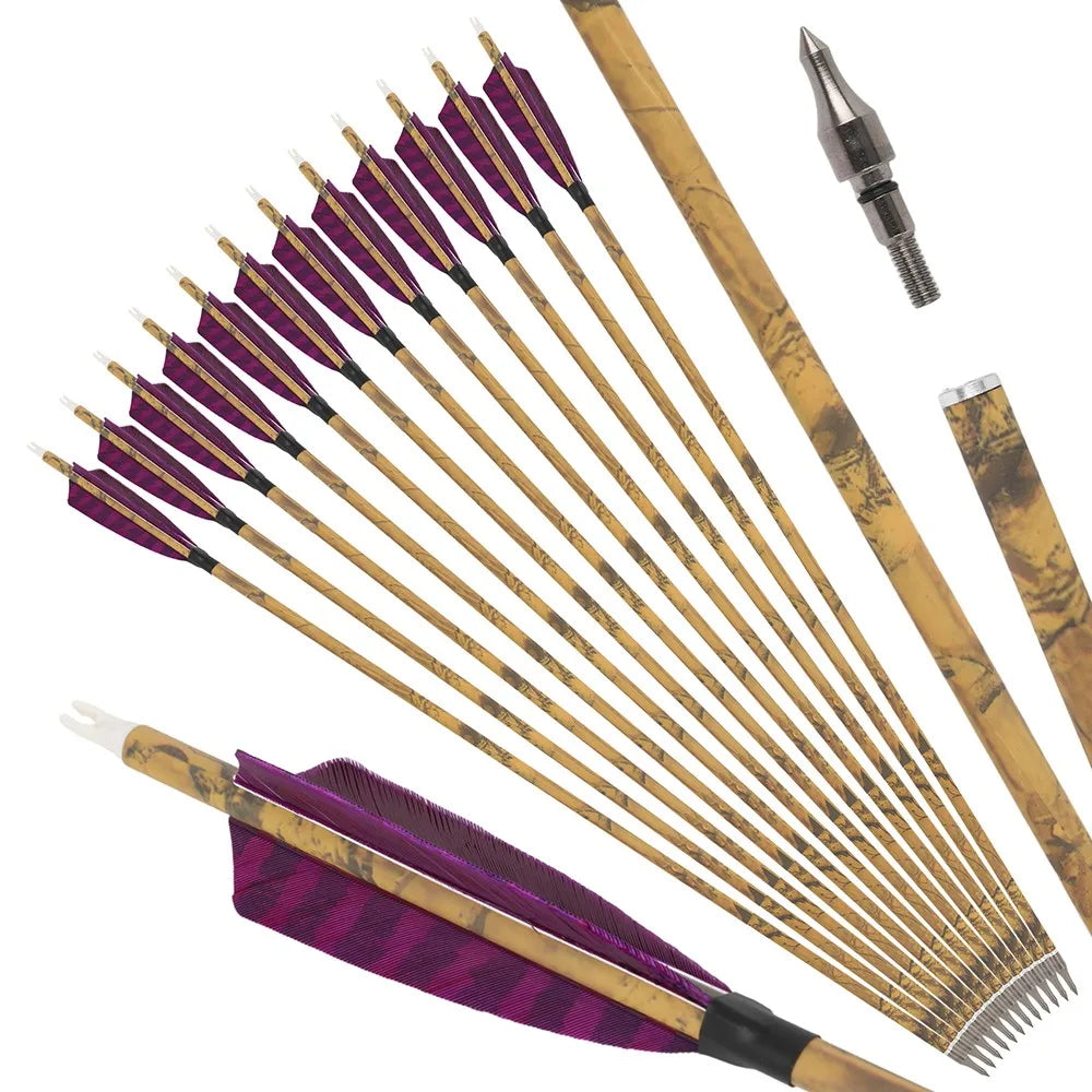 12PCS 30inch Archery Carbon Arrows 4" Natural Feather 500 Spine Removable Tips for Compound Recurve Bow Hunting Target