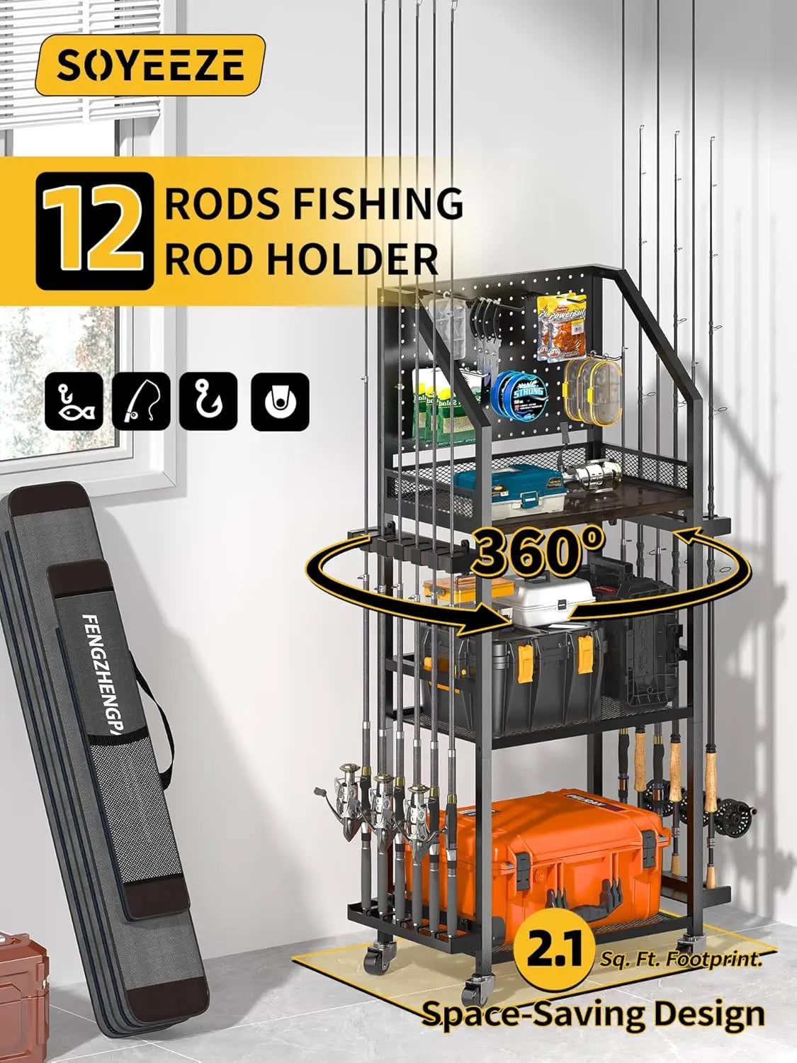 Rolling Fishing Rod Rack with Pegboard & Hooks, Holds Up to 12 Poles, Garage Storage Cart with Wheels for Tackle & Reel Organization