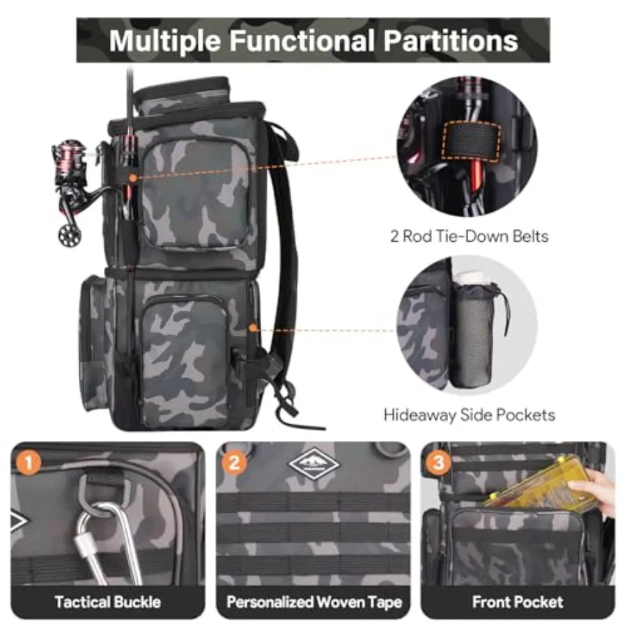 Fishing Tackle Backpack with Cooler Bag 53L Waterproof Fishing Bag with 2 Rod Holders Large Fishing Backpacks with Bottle Holde