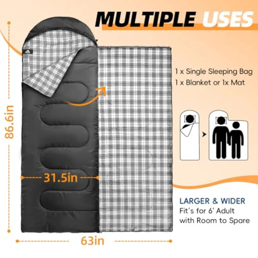 Flannel Sleeping Bag for Adults XL Large Wide Sleeping Bags for Camping Mens Warm Cotton Sleeping Bag 4 Season Warm and Cool We