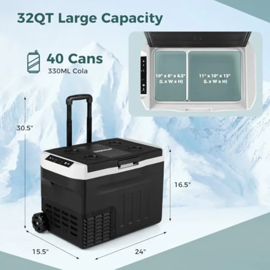 Portable 32-quart Car Refrigerator Black 12/24V DC 100-240V AC Electric Cooler Freezer with Adjustable Temp Range -468 and Divi