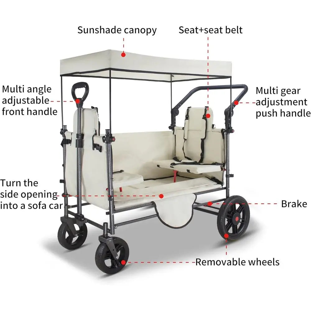 Collapsible Wagon Cart with Side-Opening Seat Conversion Design, oldable Utility Wagon with 2 Seats, Heavy Duty Wagon 265 lbs Lo