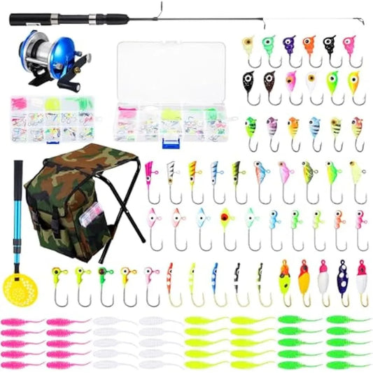 Ice Fishing Rod and Reel Combo Ice Fishing Gear with Folding Backpack Chair Ice Fishing Pole Ice Scoop Ice Fishing Jigs