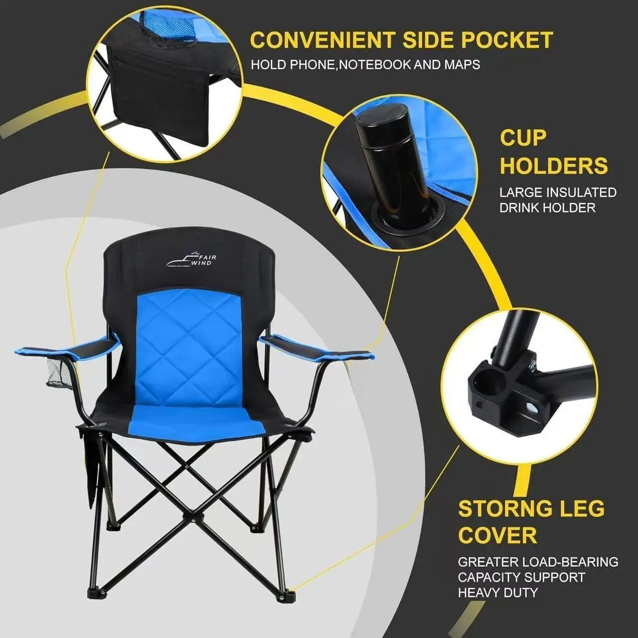 Camping Chair 2 Pack 400LBS Capacity Heavy Duty Padded Portable with Side Pocket & Cup Holder for Outdoor, Beach, Sports