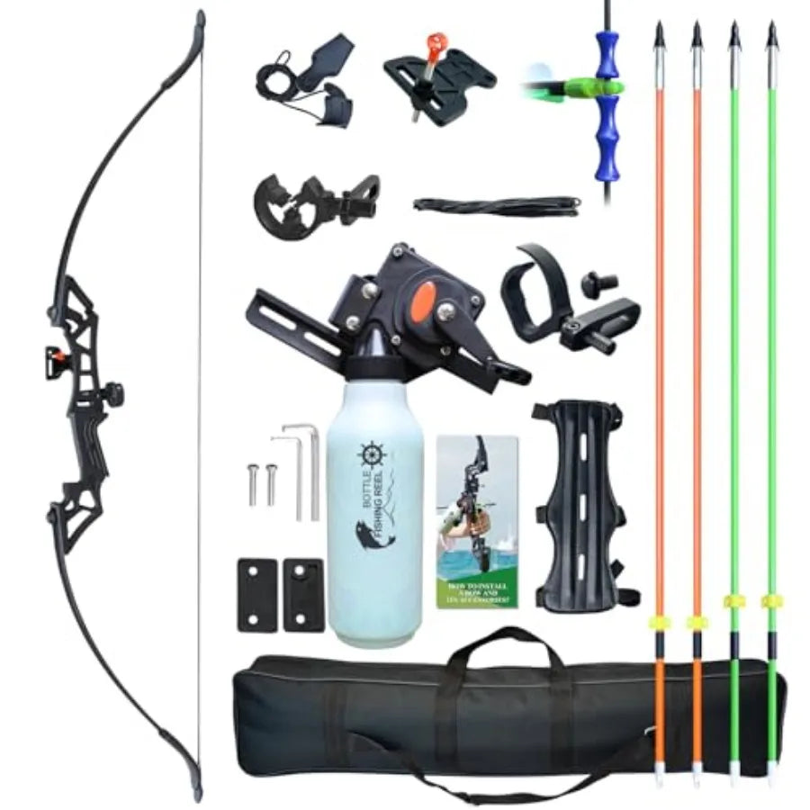 Recurve Bow Fishing Combo Kit Archery and Arrow Set for Adults Beginner with 40 Meters Bowfishing Reel Bottle Portable Bow Bag