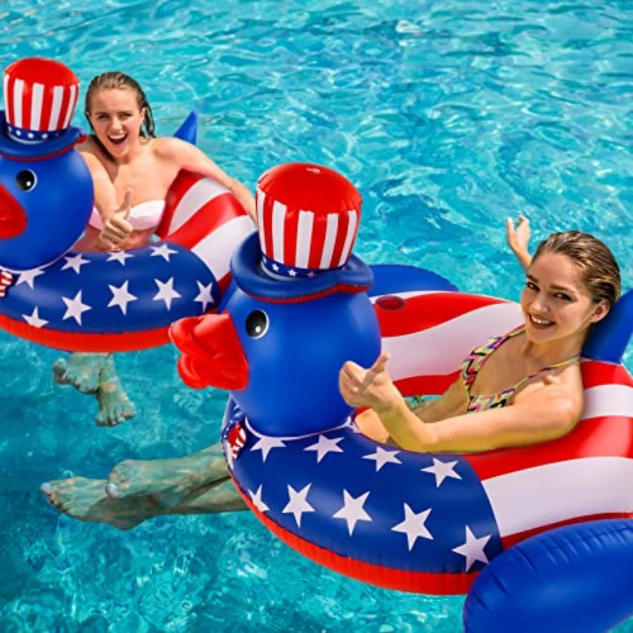 2 Pack Giant Duck Patriotic Pool Floats for 4th of July Red White Blue Inflatable Swim Tubes American Flag Design PVC Material