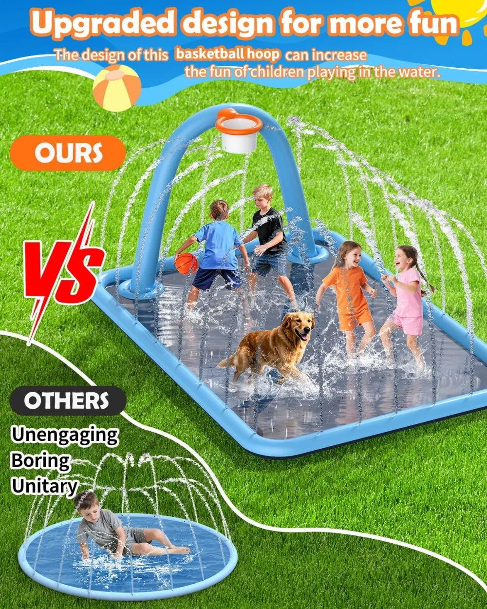 110'' Large Splash Pad with Basketball Hoop, Non-Slip Sprinkler Mat, Foldable Outdoor Summer Water Toys