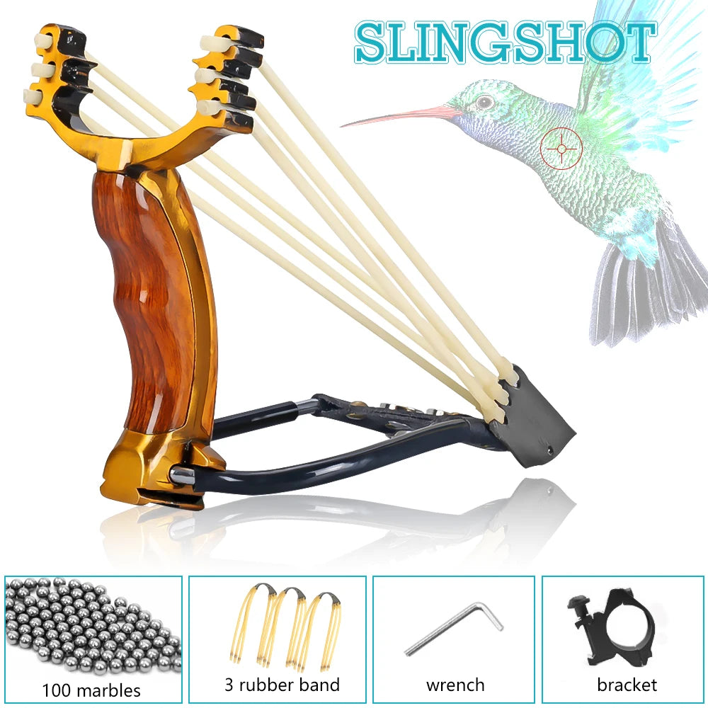 High Precision Outdoor Slingshot Set Alloy Wooden Handle Brown with 3 Rubber Bands 100 Beads Bracket Wrench Protective Gear