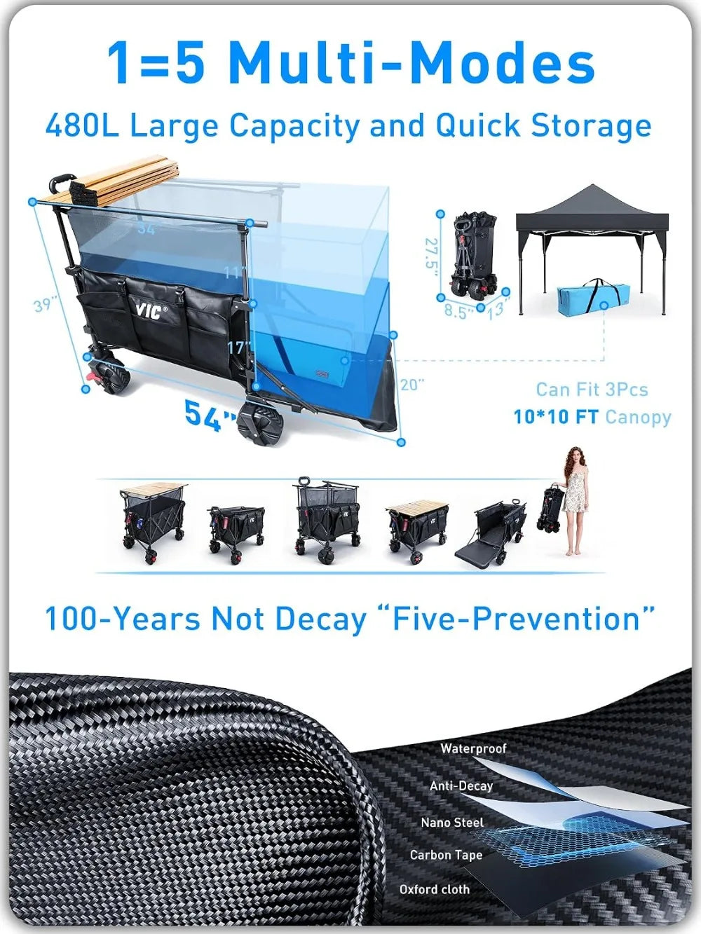680lbs Super Cart & Table 1=5 Set, 480L Capacity, 54" Extra Long Folding Wagon, Heavy Duty with Brakes, All-Terrain Wheels for Camping, Shopping