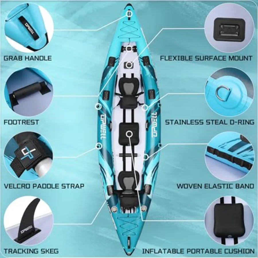 11'14'6 Inflatable Kayak with Drop Stitch Floor in Blue and Gray Includes Kayak Seat with Thickened Cushion Paddle Fin Repair K