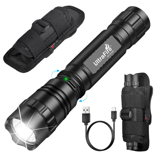UltraFire WF-501BX Tactical Flashlight with Holster 3 Mode 1200 Lumens USB C Rechargeable Police Flashlight Law Enforcement Lamp