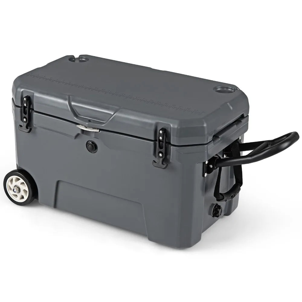 52 Quart Portable Hard Cooler 6-Day Ice Retention Wheels Gray Chest Outdoor Box