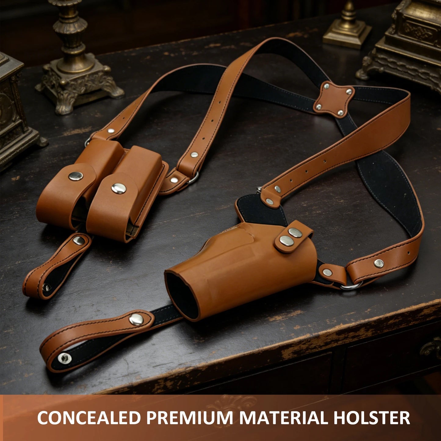 Leather General Vertical Gun Holster with Double Magazine Pouch Forearm Hidden Shoulder Holster Universal Fit for Most Pistols
