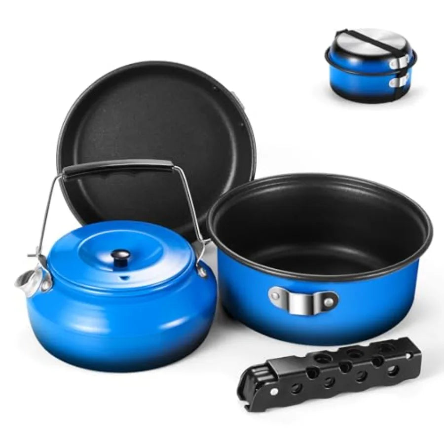 5pcs Camping Cookware Non-Stick Camping Pot and Pan Set with Kettle and Removable Handle for Hiking Backpacking and Picnic