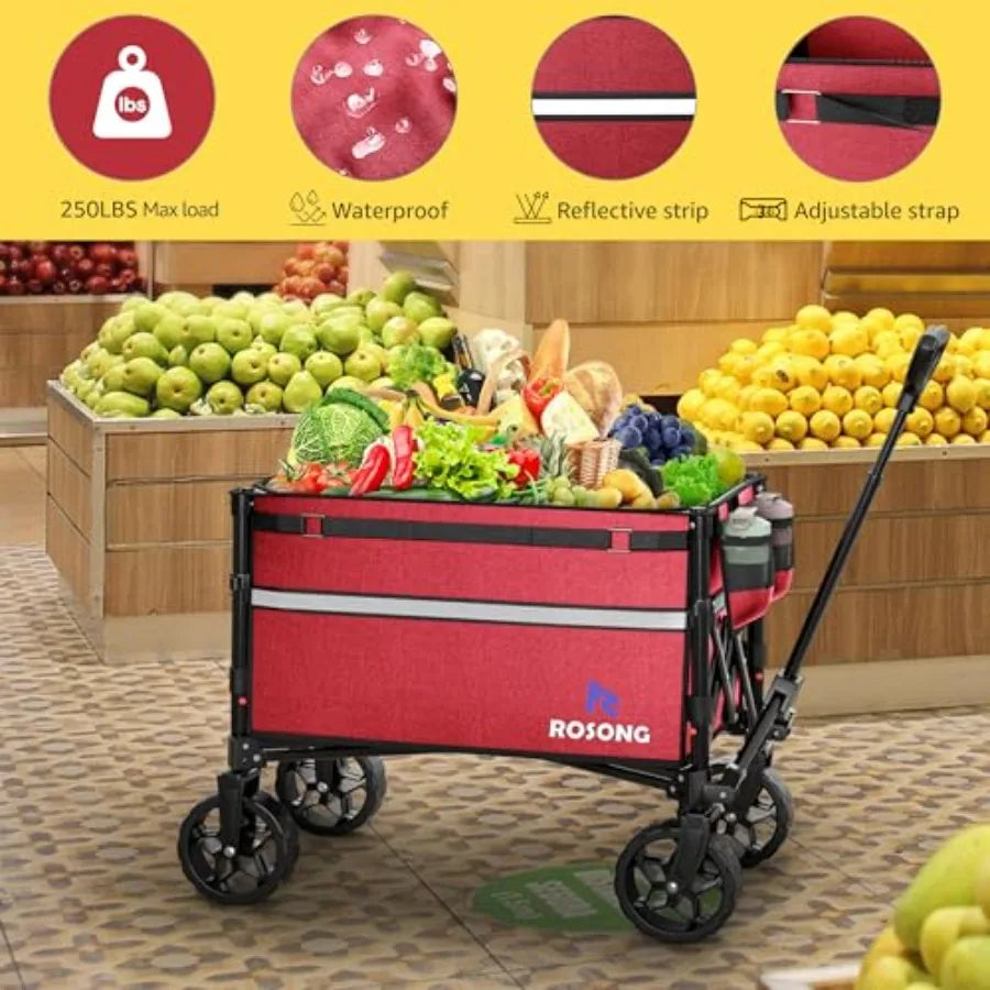 Collapsible Wagon Cart for Grocery Shopping, Garden, Camping Sports Heavy Duty Steel Frame, Black, Foldable with Locking Wheels