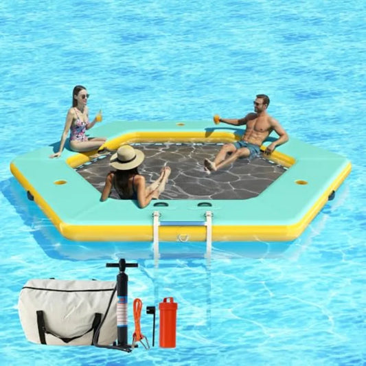 12FT Hexagon Inflatable Water Hammock for Adults Floating Dock Platform with Mesh and Soft Ladder Tanning Pool Floating Rafts f