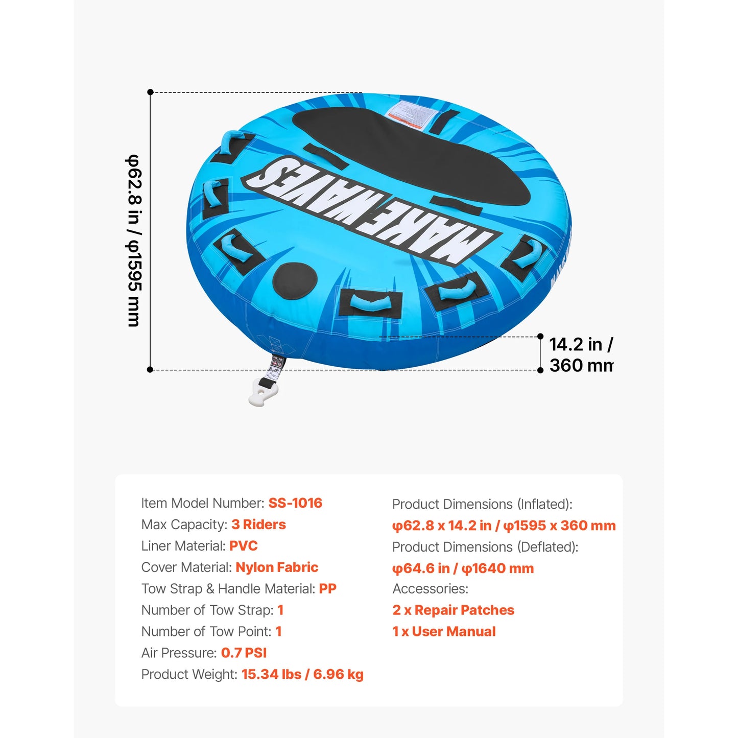 Towable Tubes for Boating 2-4 People Inflatable Boat Tubes and Towables with Anti-Slip Pad Water Sport Tube for Boat