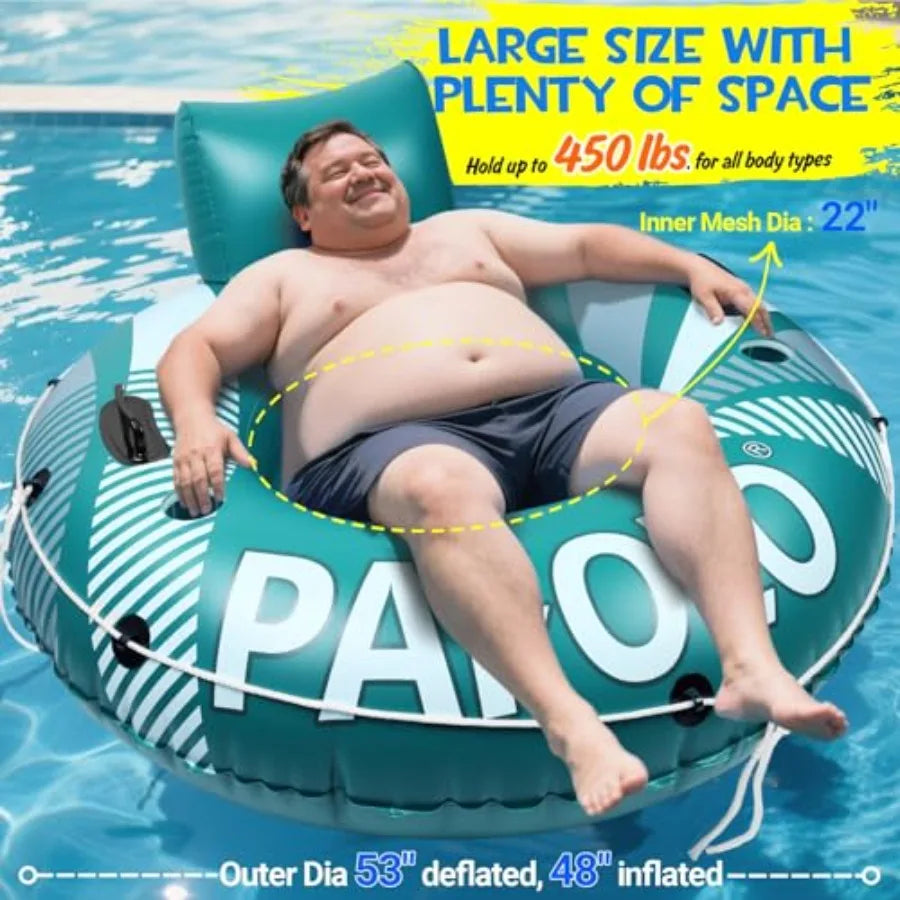 Pool Float Adult, Inflatable River Tube Float, River Tubes for Floating Heavy Duty with Mesh Bottom, Comfortable Backrest and 2