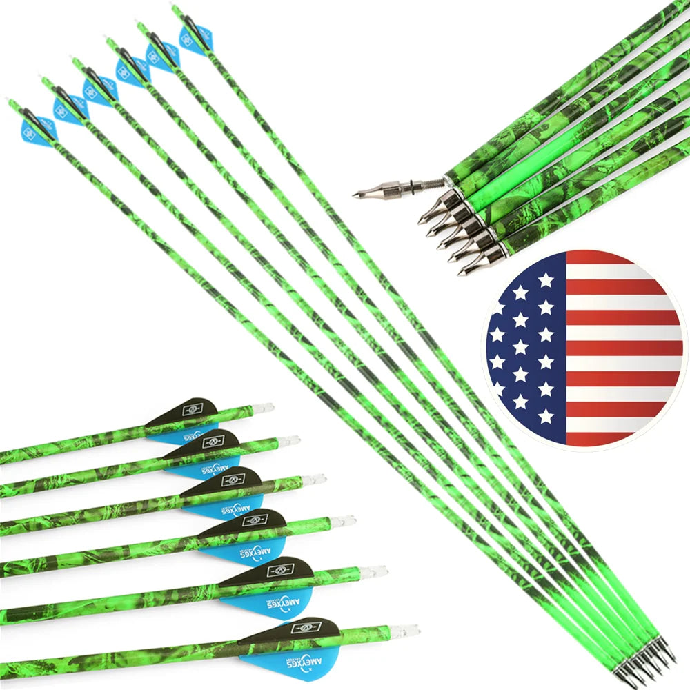 Carbon Arrows 30 Inch Spine 500 ID6.2mm with 2 Inch Rubber Feathers Removable Tips for Compound Recurve Bow Hunting Shooting