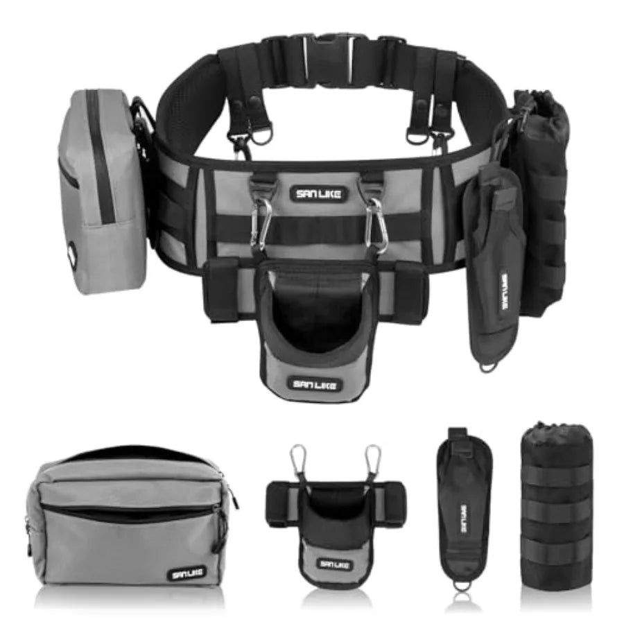 Fishing Belt Rod Holder for Wading: Nylon Black Adjustable Fighting Waist Belt with Detachable Tackle Bag, Belly Rod Holder, Pl