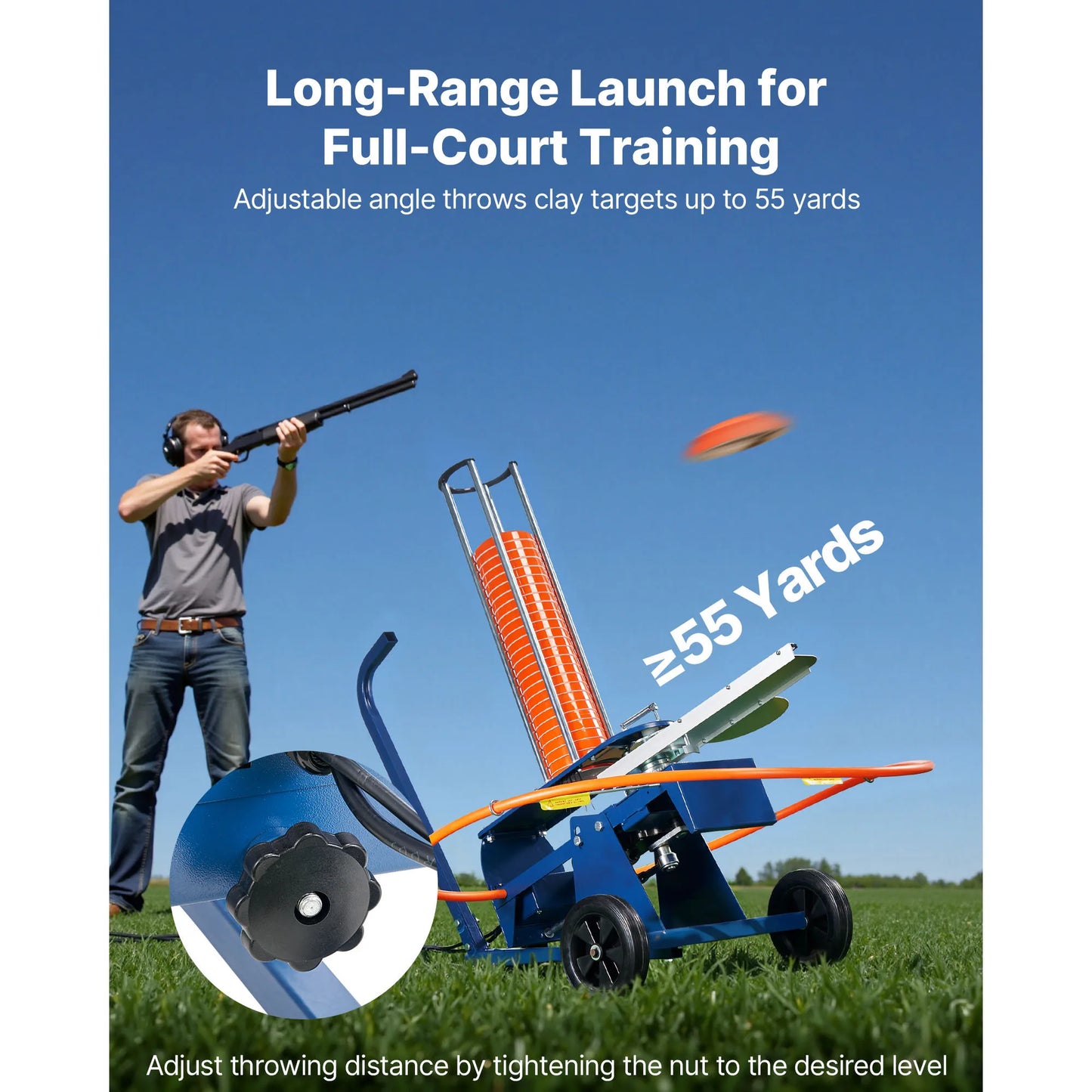 Clay Target Thrower Max 50/75-80 Clays 55 Yards Automatic on Wheels with Adjustable Foot Pedal Pull Handle for Shooting