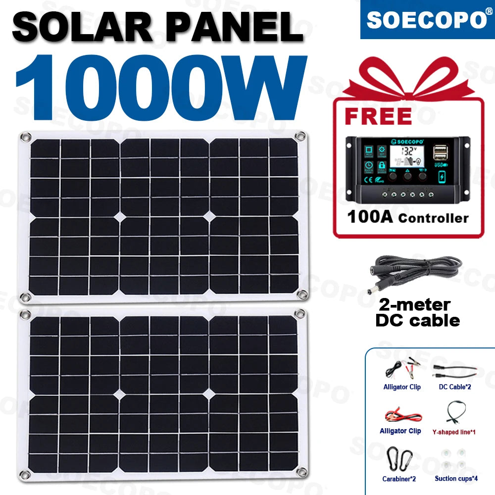 SOECOPO 1000W Portable Solar Panel Kit - 2*18V Photovoltaic Panels for Camping. Includes Free 100A Controller & USB 5V Charging.