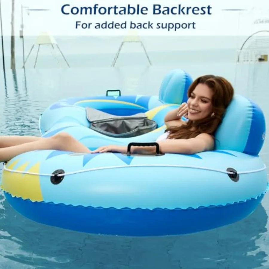 Inflatable River Tube Float 2 Person Heavy Duty with Removable Cooler and 2 Cup Holders for Adults Blue Lake Water Raft Lounge