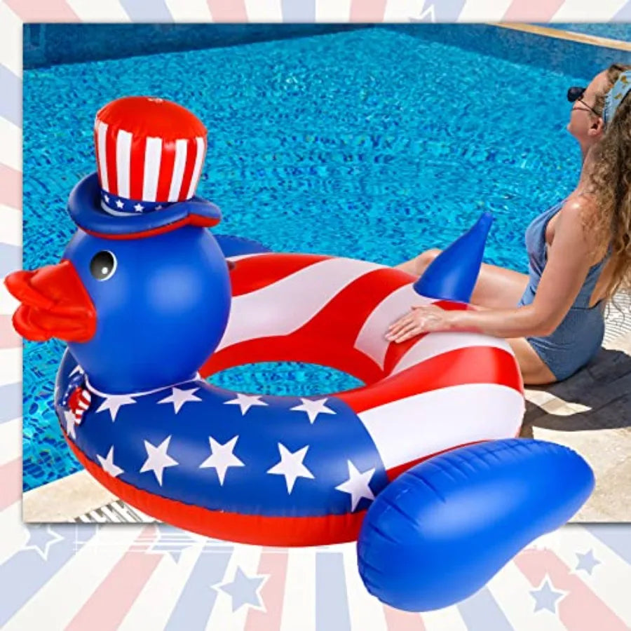 2 Pack Giant Duck Patriotic Pool Floats for 4th of July Red White Blue Inflatable Swim Tubes American Flag Design PVC Material