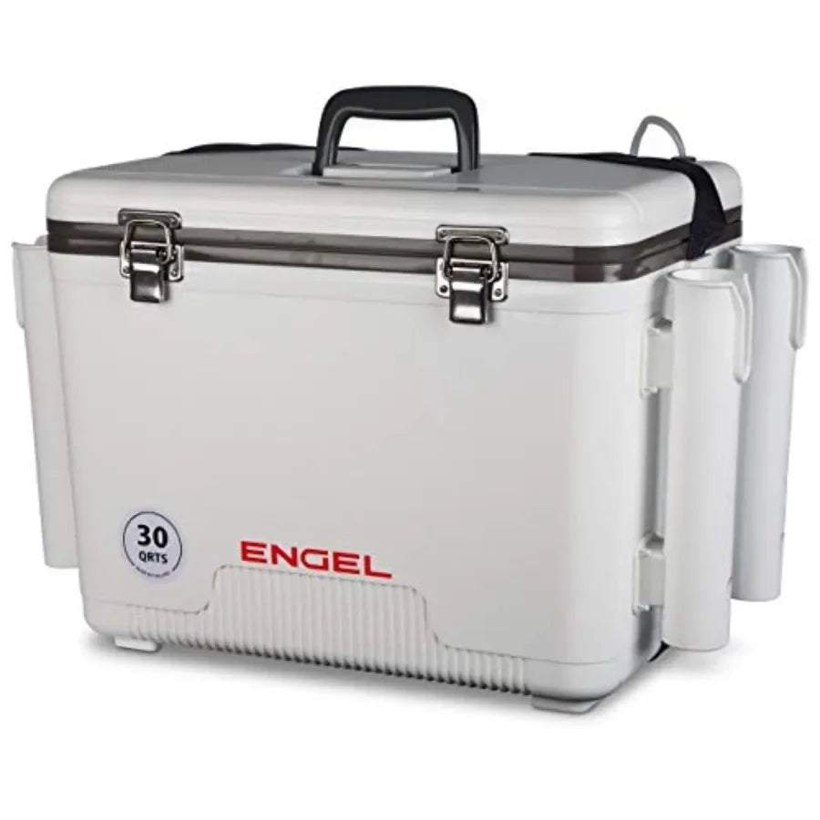 Fishing bait station: 30qt white live bait cooler box with 2nd gen 2-speed aerator pump and 4 rod holders, polyethylene, white,