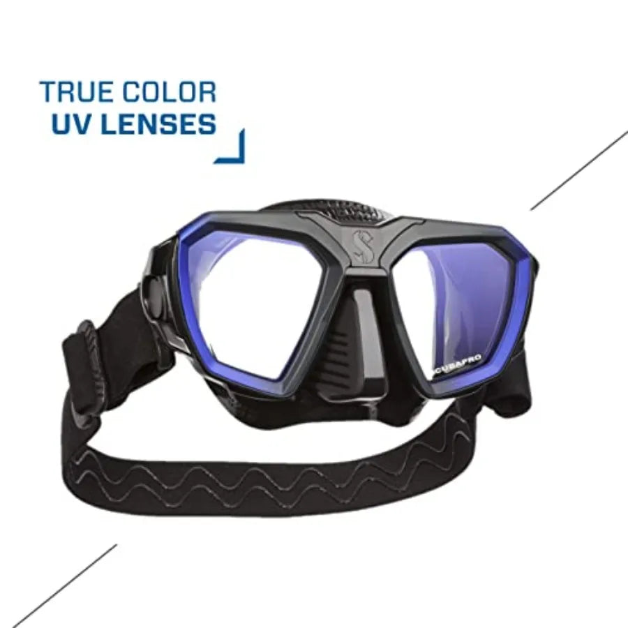Scuba Diving Mask for underwater use, silicone and tempered glass, blue/black, wide field of view and anti-fog coating
