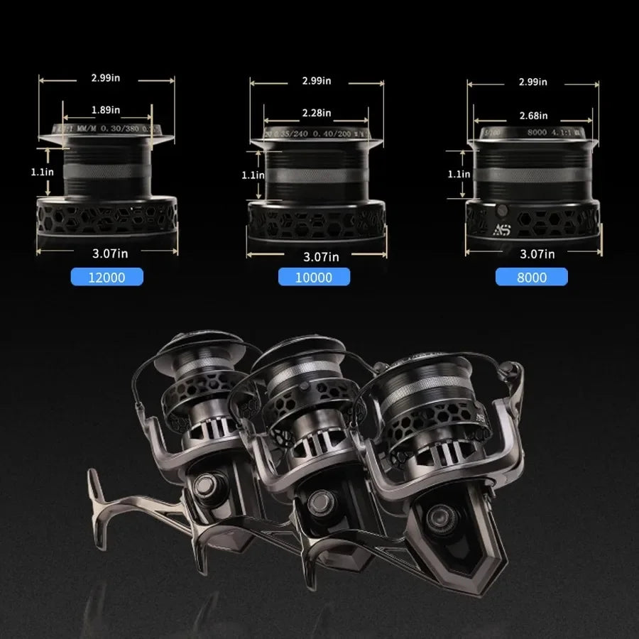 Spinning Reel 8000 10000 12000 Aluminum Frame Surf Fishing Reels with Carbon Fiber 55LB Power Drag for Heavy Long Casting Insho