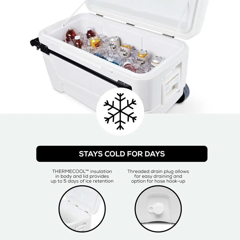 Wheeled 110Qt Insulated Cooler with Hard Shell for Outdoor Adventures