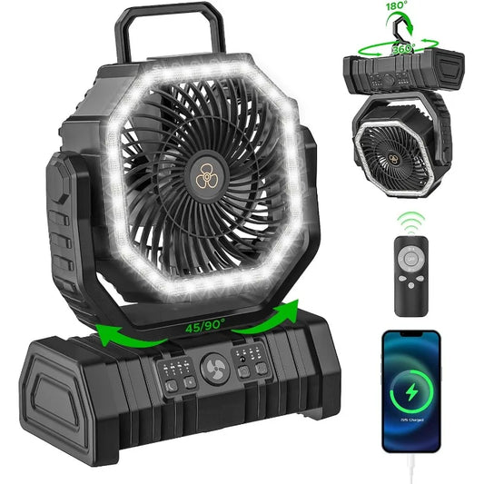 Camping Fan with LED Lantern, 20000mAh Auto-Oscillating Battery Operated Desk Fan with Remote&Hook, 8” Portable Fan
