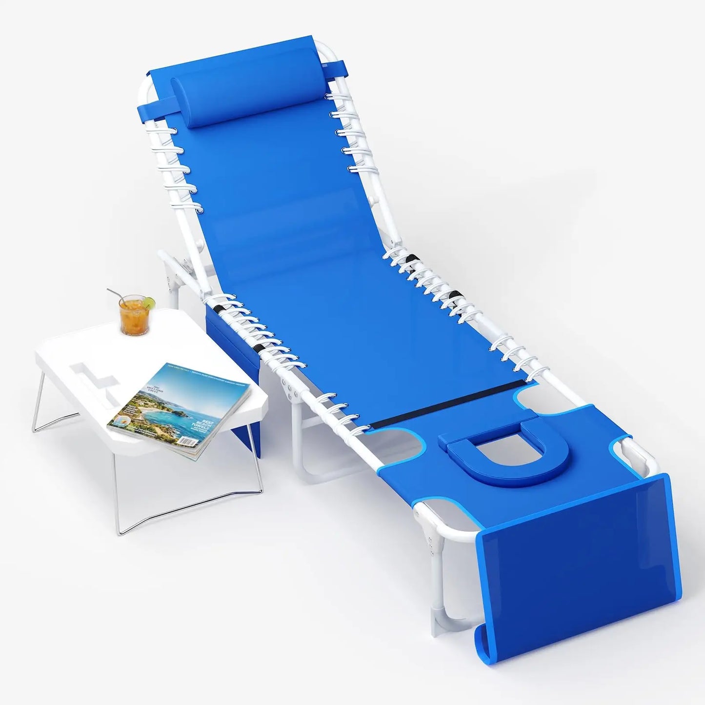 Tanning Chair With Face Hole 3-in-1 Beach Lounge Chair, 5-Position Reclining Outdoor Chaise With Table For Pool Patio Garden Deck