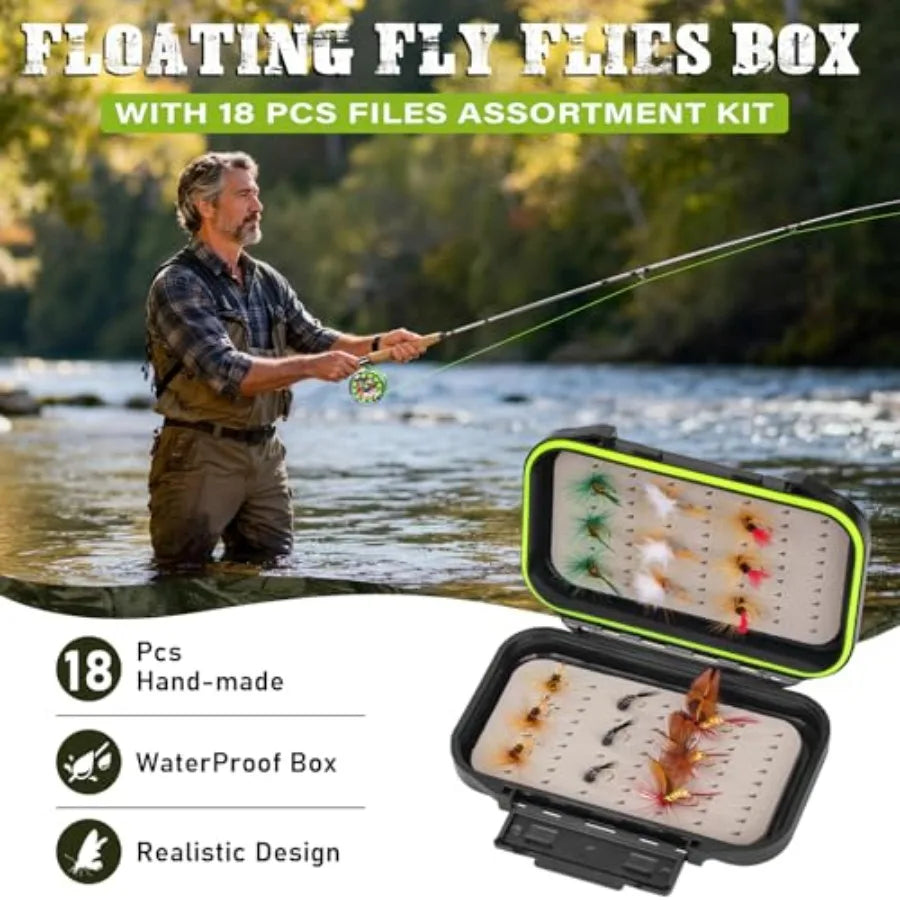 Rod Combo Starter Kit Carbon Fiber Trout Travel Rod with Reel, Fly Rod case, Fly Box, Flies, Tapered Leader, Knot Tying Tools